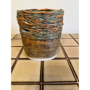 Signed JM Studio Art Pottery Vase Texture Bark Turquoise Brown Sculptural Vessel
